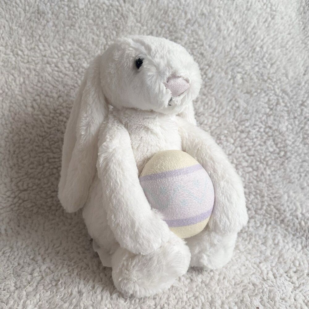 Snug White Bunny Rabbit Holding Easter Egg Plush Toy Stuffed Animal